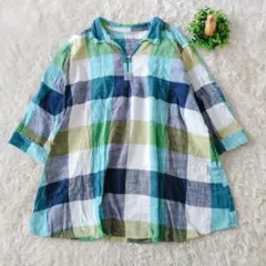 ONLOVEOFF チェックチュニック ブルー〜緑系 スキッパーシャツ 5L
