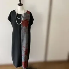着物リメイク 黒留袖×朱葉柄 切替ワンピース ベルト付き