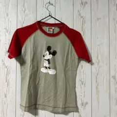希少★90s ミッキー ラグランTシャツ ディズニー公式 古着 M 赤 ベージュ