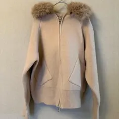 ファー付きニットパーカー 厚手 ダブルジップ カーディガン ベージュ Sサイズ