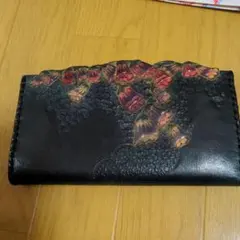 花モチーフ レザー ガマ口長財布　レザークラフト作品