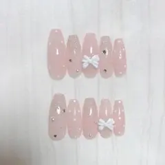 021ネイルチップ くすみピンク ハート 韓国ワンホン オーダー受付中リボン