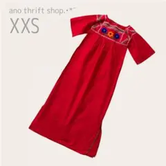 【USA古着】メキシカンワンピース　手刺繍　メキシコ刺繍　ロング　半袖　レッド