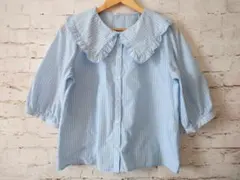 美品 Honeys COLZA ブラウス ライトブルー×ホワイト ストライプ L