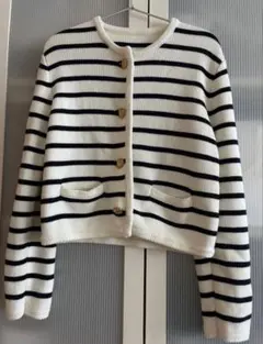 ボーダー　ノーカラー　ニットジャケット カーディガン