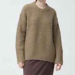 GU パフィータッチローゲージクルーネックセーター M ブラウン