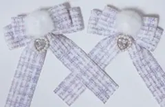 ツイード リボンヘアクリップ 紫 パープル ファー 量産型ロリィタハンドメイド白