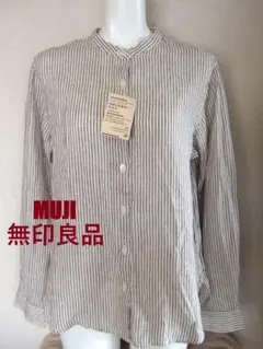 新品タグ付　無印良品　麻100％　スタンドカラーシャツ　M　長袖　細ストライプ