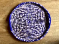 モロッコ製 青紐の円形バスケット