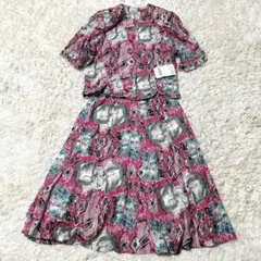 (L)ヴィンテージ タグ付 派手 レトロ ピンク 総柄 ジャケット セットアップ