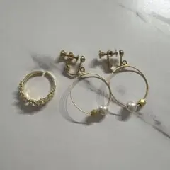 꽃 모티브 링 펄 귀걸이 세트 골드 액세서리