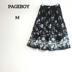 美品 PAGEBOY 花柄 フレアロングスカート 黒 ウエストゴム Aライン