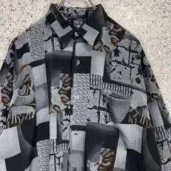 【希少カラー】総柄デザイン 長袖ポリシャツ レトロ古着 テロ感