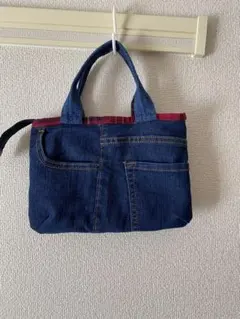 デニム赤チェック小型トートバッグ