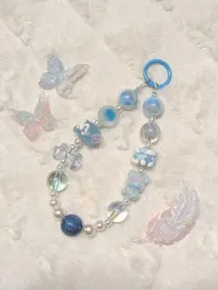 [ハンドメイド]水色系ビーズストラップ #043
