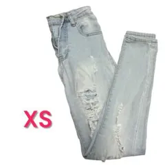 XS ライトブルー ストレッチ スキニーデニム ダメージ