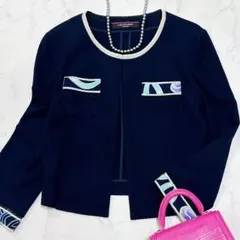 美品✨レオナール ノーカラージャケット 花柄トリム ネイビー はおり 40のサムネイル