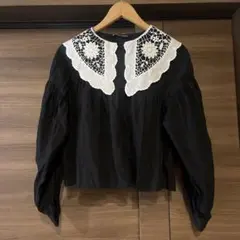 美品　ZARA レース付き黒長袖ブラウス