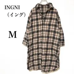【イング】チュニック丈　チェックシャツ　七分袖　体型カバー　カジュアル　M