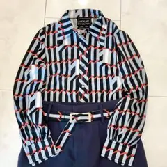 MICA LADYミカレディ 幾何学柄 総柄 ブラウス ベルト付 レトロ シャツ