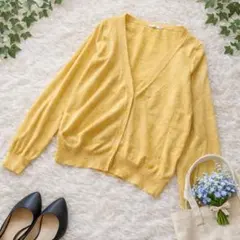 Vネック長袖カーディガン 薄手 黄色 イエロー シンプル サイズM 羽織 無地