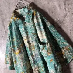 テロ感★総柄 ポリシャツ ヨーロピアン 水彩画風　日本製 好配色 人気Lサイズ