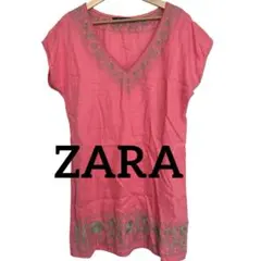 ZARA 麻100% 襟元裾刺繍柄　ゆったりチュニックワンピース サイズM