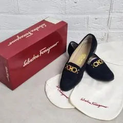 4 フェラガモ ガンチーニ ローファー 6B 黒 スエード カーフ 箱 袋付き