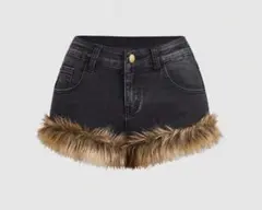 平成ギャル グランジ パンク ファー付きデニムショートパンツ y2k 00s