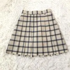美品 ミニプリーツスカート　チェック柄　裏地付き　ウエストゴム　ベージュ　M