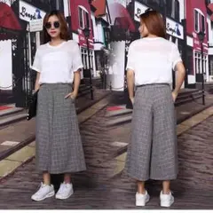 秋新作ガウチョパンツミモレ丈チェック柄無地キュロットパンツハイウエスト