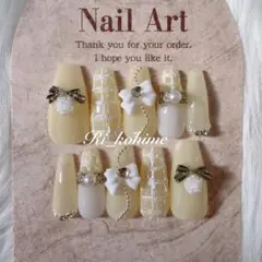 ネイルチップ現品フレンチガーリーちゅるんワンホン韓国ニュアンスツイードイエロー