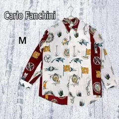 メンズ 長袖ドレスシャツ M ベージュ ワインレッド 総柄シャツ y4877