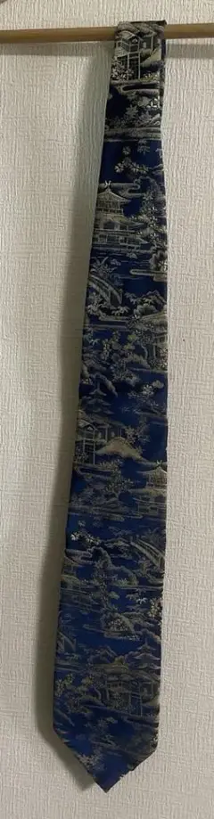 M Yamamoto &Co ネイビー 和風風景柄 ネクタイ シルク