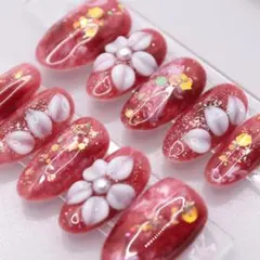 【141】ネイルチップSサイズ ピンク大理石3D花柄　ニュアンス　ホロ ラメ金箔