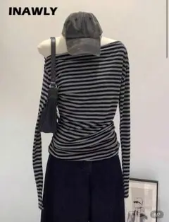 韓国 y2k 平成ギャル ボーダー ショルダー オフィシャル トップス M(xs