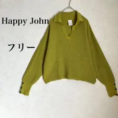 【ハッピージョン】 長袖スキッパーニットトップス Vネックセーター グリーン系