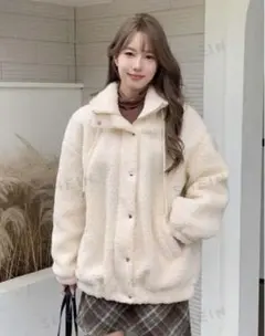 shein ドロップショルダーポケットパッチテディコート ホワイト