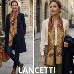 ランチェッティ 大判スカーフ シルク ウール ボルドー 黄土色 上品 ストール