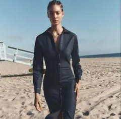 美品♡ザラ デニム風シャツワンピース ウエストギャザー インディゴ XL相当