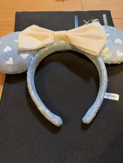 【美品】ディズニー カチューシャ ライトブルー ハート　ホワイトリボン