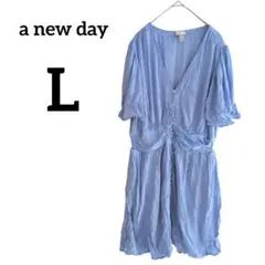 美品✨ a new day 【L】 半袖シャツワンピース ドット柄 ブルー 青