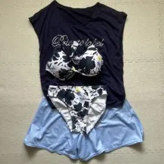 Private Label 水着4点セット ネイビー×ボタニカル 体型カバー