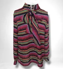 ヴィンテージ 総柄 ボウタイシャツ マルチカラー 日本製古着 ゆったりサイズ