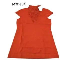 フラワー刺繍 Vネック 半袖チュニック オレンジ