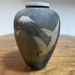 デザイン必見】鶴と富士山の絵柄 火鉢 木製台座付き 昭和レトロ ※表彰