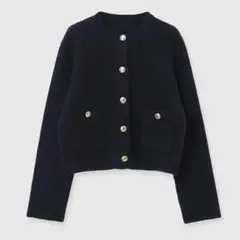 anuans カシミヤブレンドノーカラーニットジャケット　ネイビー