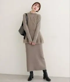 フェザーペプラムベスト+リブタイトワンピースSET