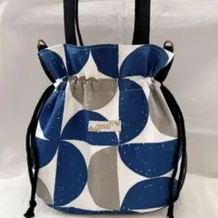丸っこくて可愛い巾着トートバッグ☆青系×ブラック　ハンドメイド