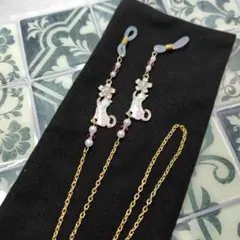 メガネチェーン★ピンク・フラワー猫＆スワロフスキー（マスクチェーン変更可）